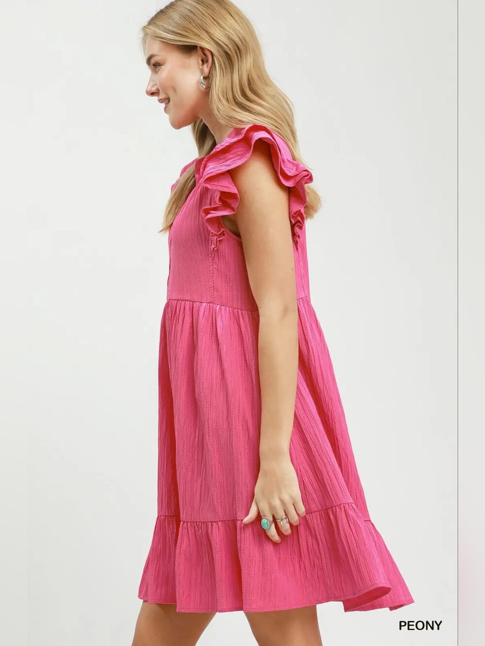 Umgee Ruffle Sleeve Babydoll Dress- Peony Pink- Fast Shipping!! - Picture 4 of 7